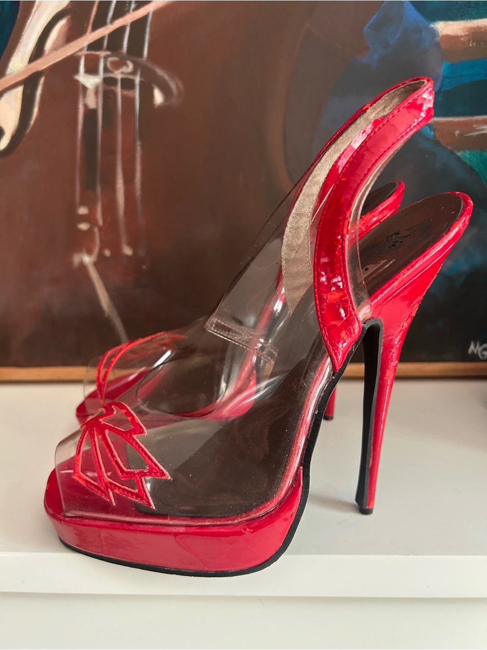Y2K Red Clear PVC Platform Stiletto Heels Slingback Size 9B McBling
